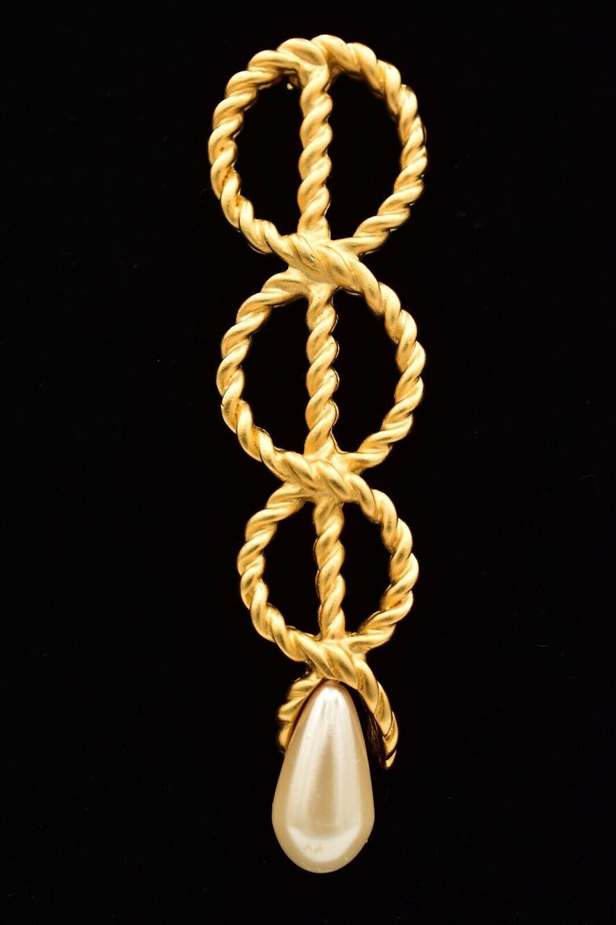 Givenchy Vintage 4" Rope Knot Pin Brooch Brushed Gold Pearl Chunky Signed BinJ